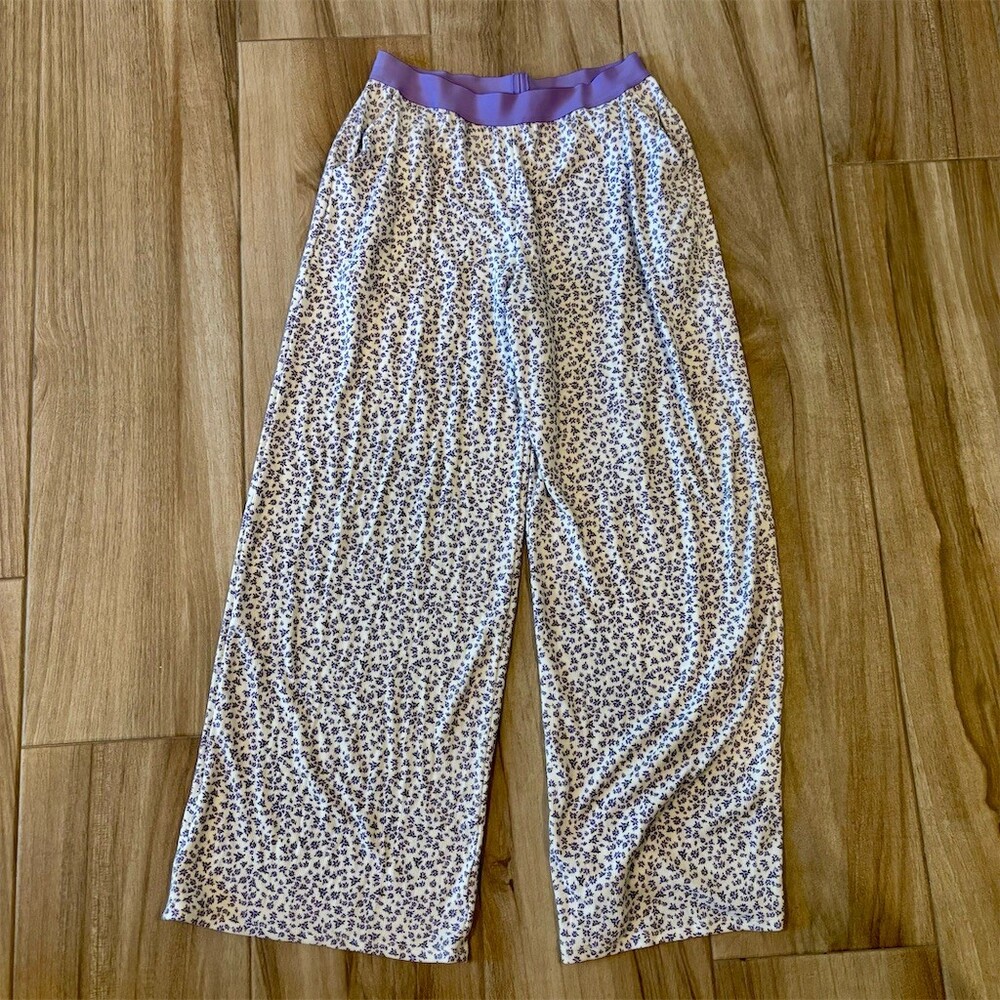 Forever 21 Pants Womens Size M Purple Floral Wide-Leg Pull-On Stretch
